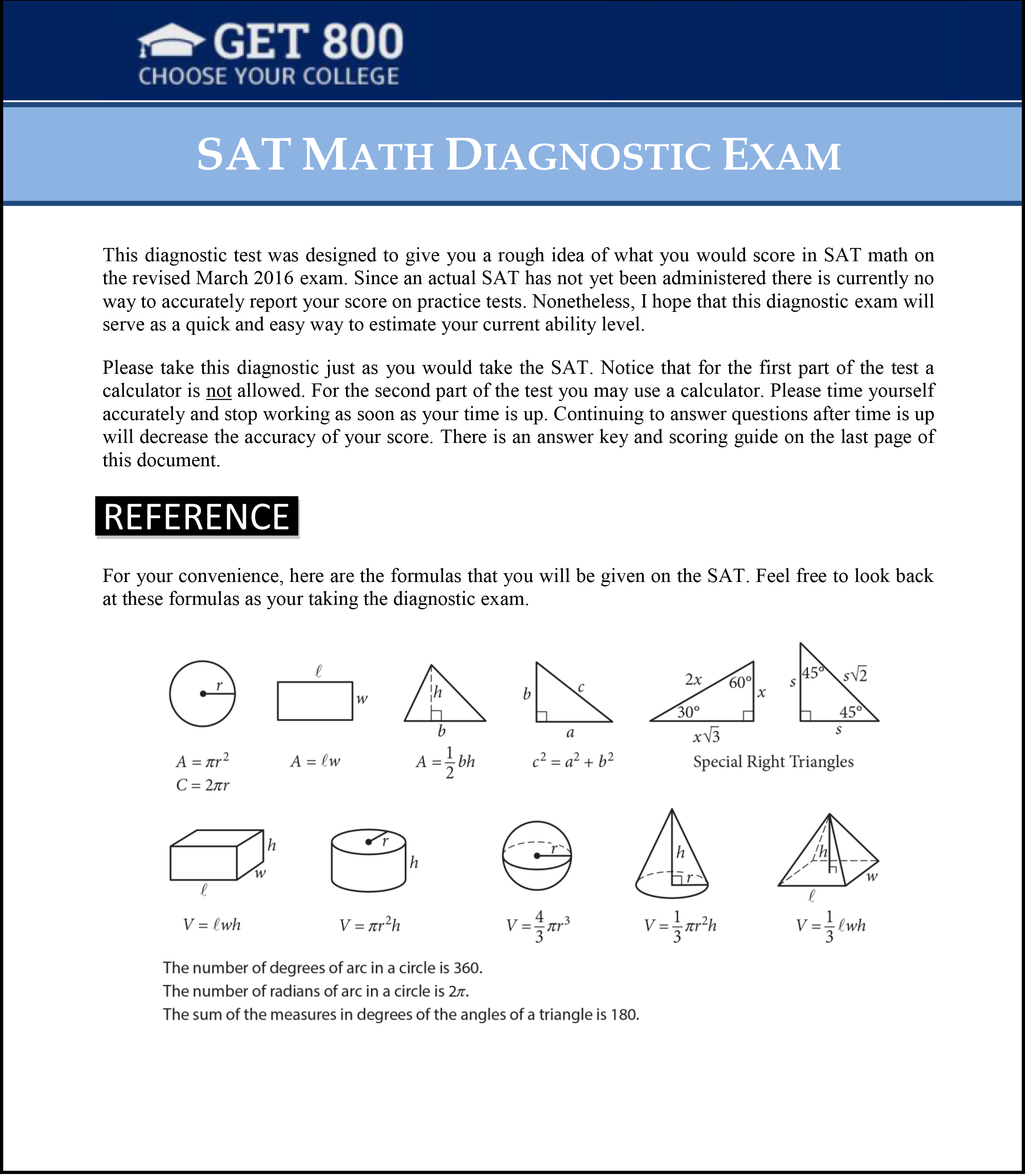Free SAT Math Diagnostic Exam for the SAT